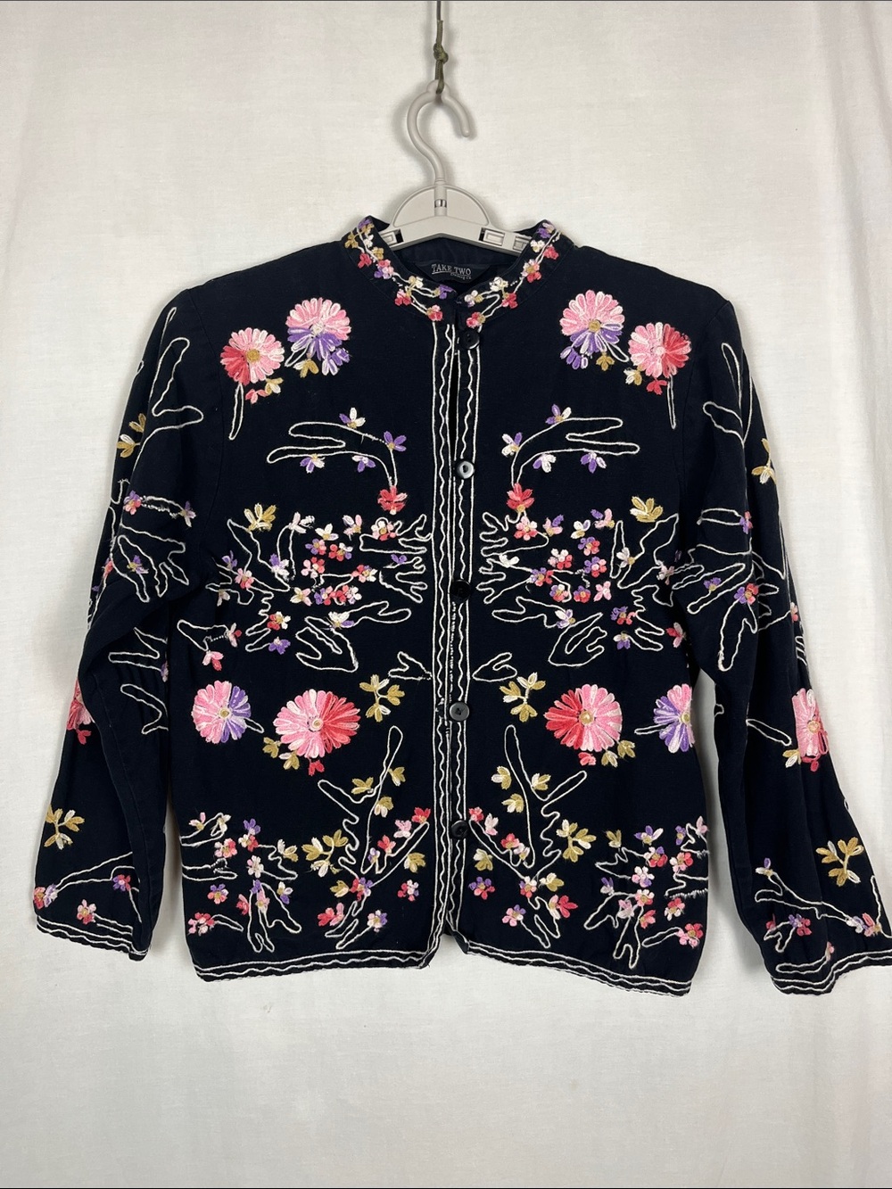 90s Take Two Black Floral Embroidered Button Up Cotton Cardigan Blouse